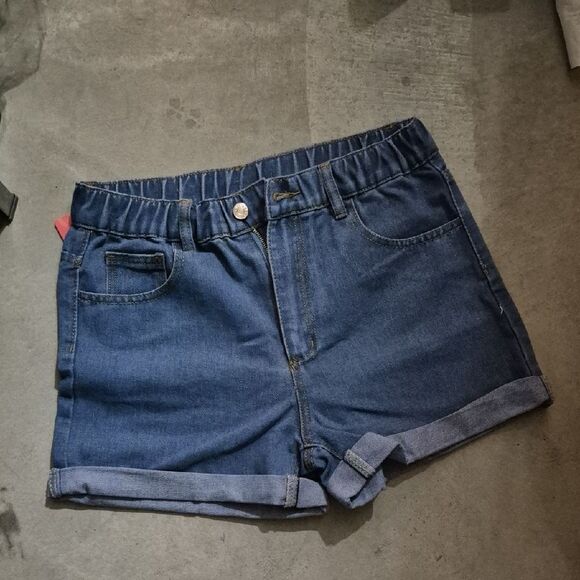 💲1️⃣0️⃣ Bundled ✔️Denim Blue  Cuffed Jean Shorts Elastic Waist High Waist Sz M - Picture 1 of 4